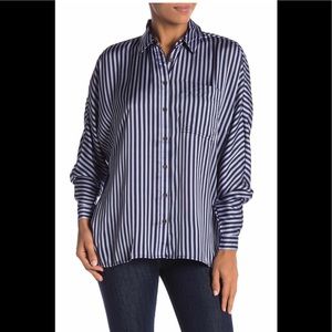 Striped Dolman Sleeve Satin Button Down Blouse